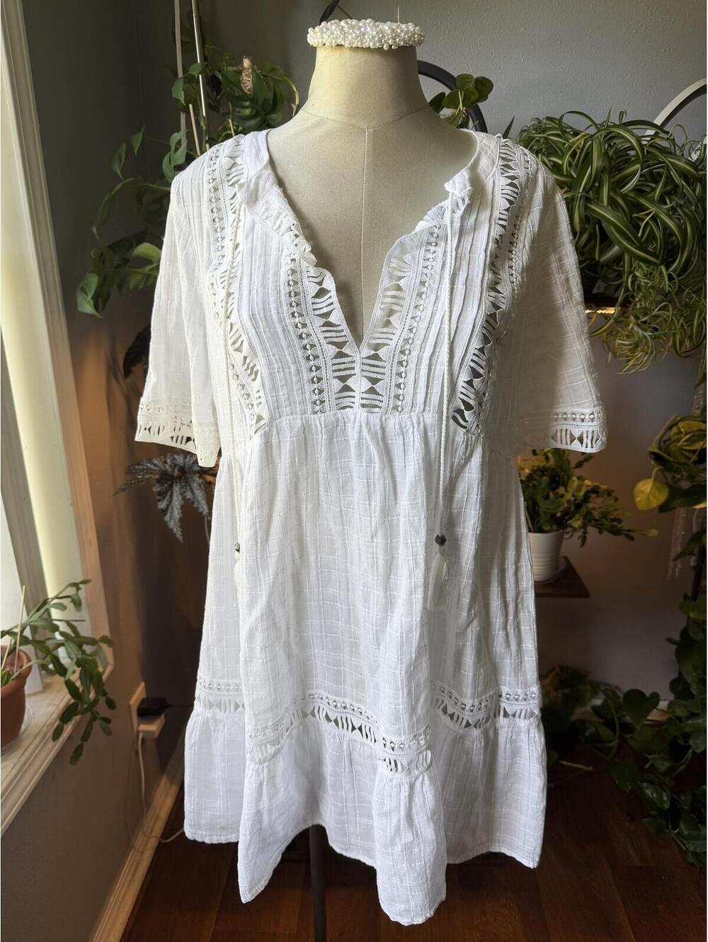 Knox Rose White Lace Trim Boho Peasant Tunic Dress Size L